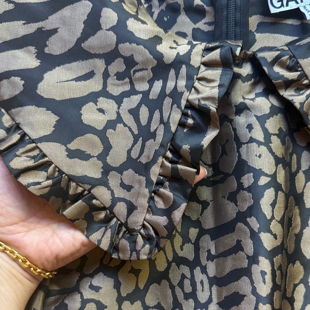 Ganni Black Golden Brown Jacquard Animal Print Collared Puff Sleeve Dress 6 - Picture 4 of 10